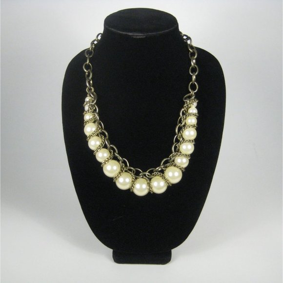 Imitation Pearl Necklace 20 Inch Goldtone Chain Statement Party Graduating - Picture 3 of 9